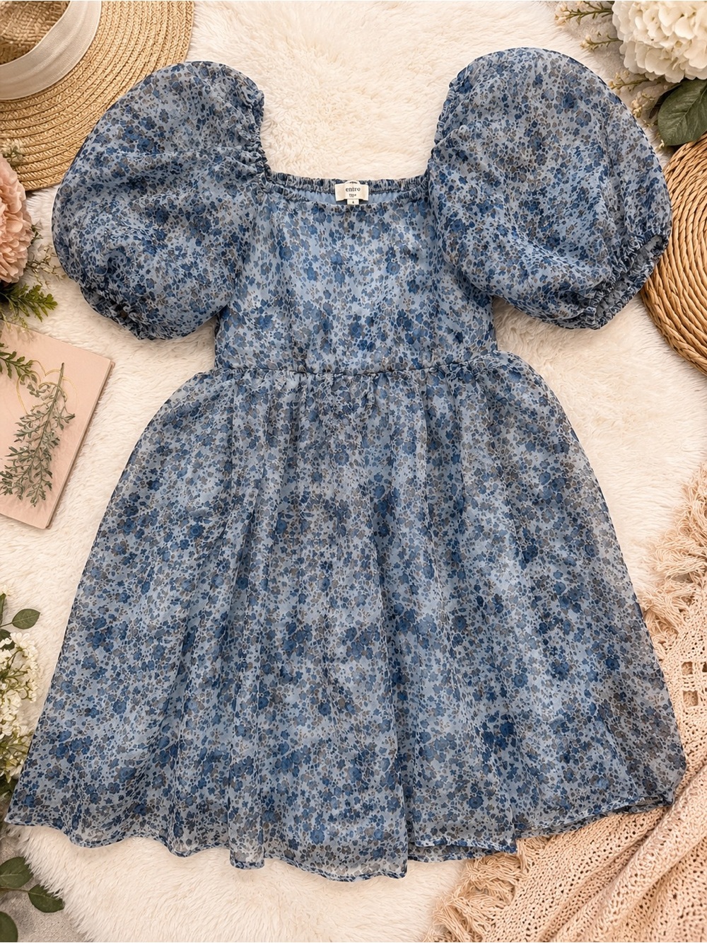 entro Blue Floral Puff Sleeve Kids Dress